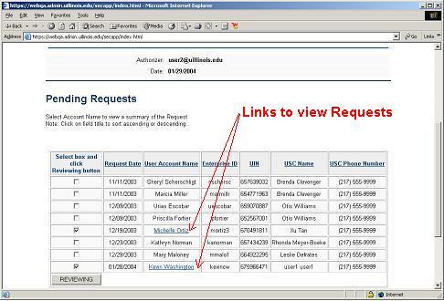 a link to view the request(s) will be provided in the User Account Name column