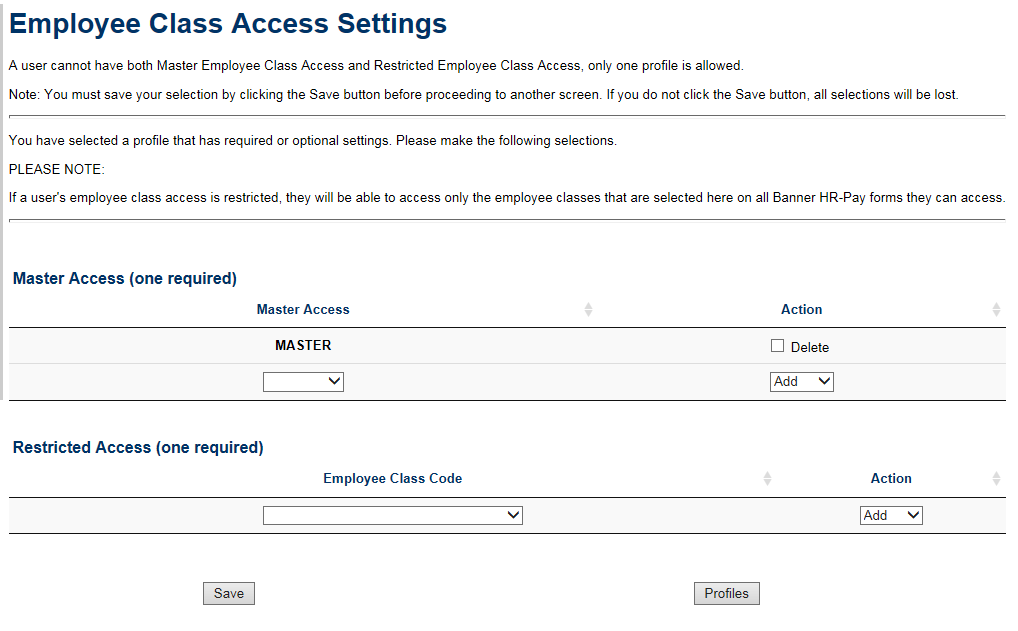 Employee Class Access Settings